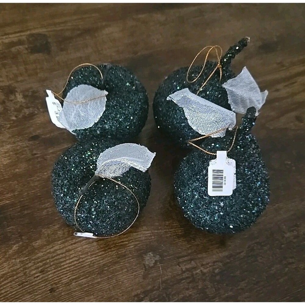 Set Of 4Vintage Beaded & sequins Pear and Apples Faux Fruit Decorative Teal Gold